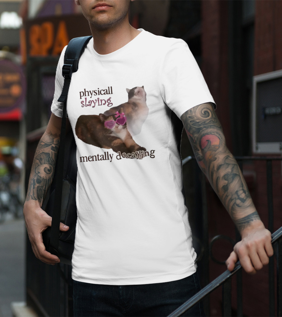```Snazzyseagull Physically Slaying Mentally Decaying Cat With Pink Heart Sunglasses``` T-Shirt
