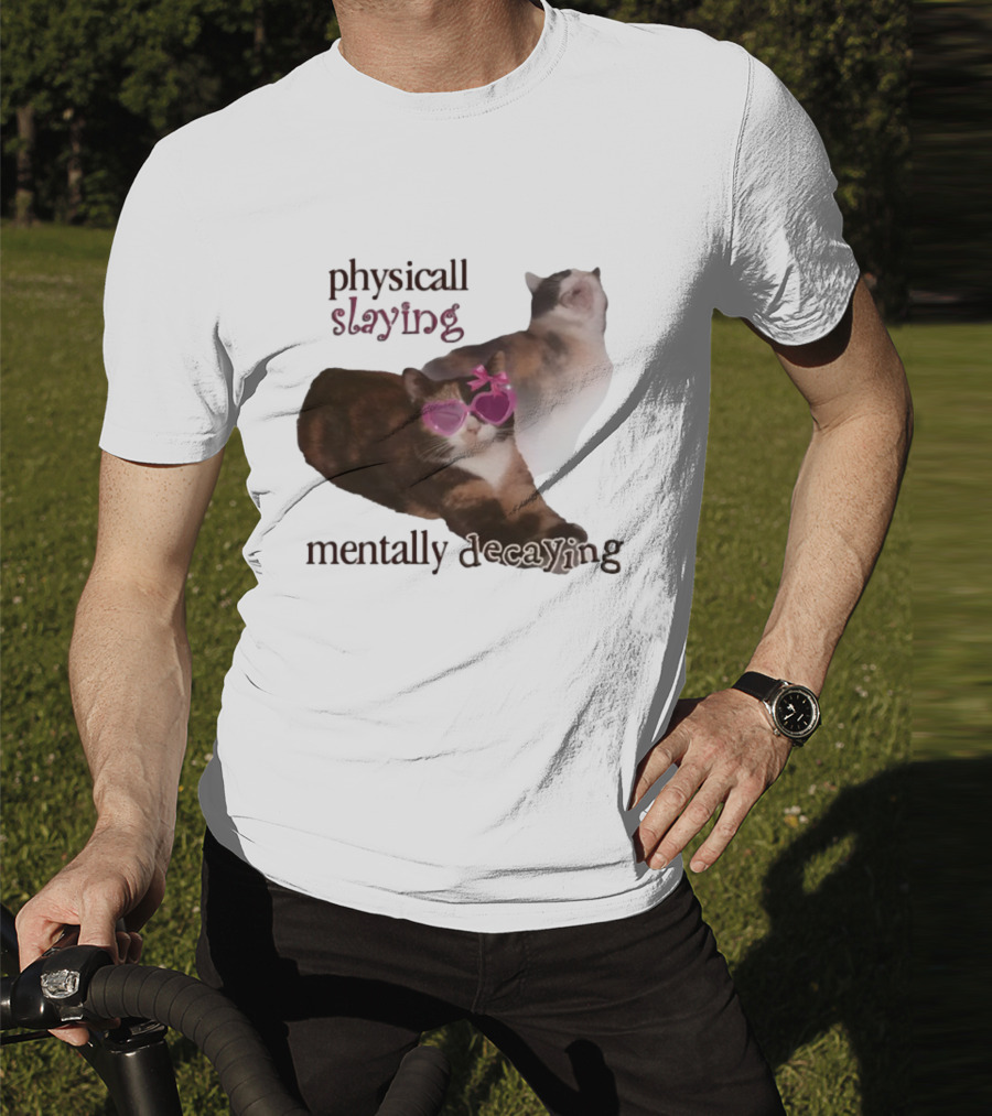 ```Snazzyseagull Physically Slaying Mentally Decaying Cat With Pink Heart Sunglasses``` T-Shirt