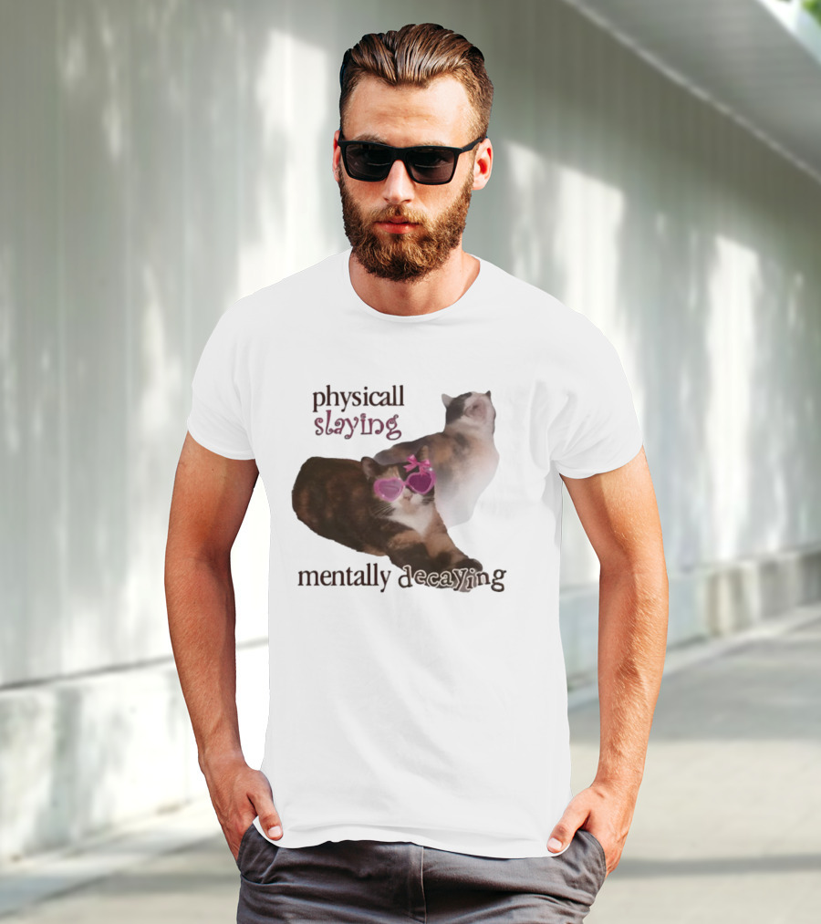 ```Snazzyseagull Physically Slaying Mentally Decaying Cat With Pink Heart Sunglasses``` T-Shirt