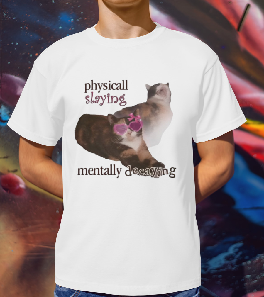 ```Snazzyseagull Physically Slaying Mentally Decaying Cat With Pink Heart Sunglasses``` T-Shirt
