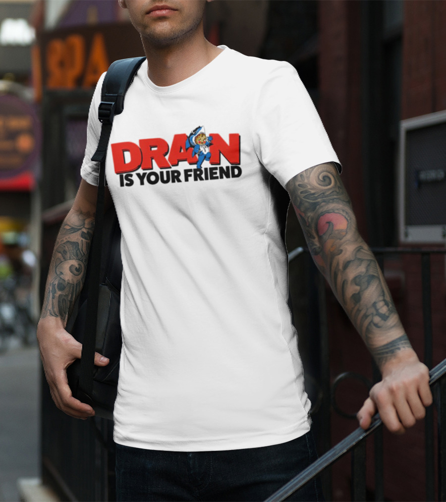 Drain Kewpie Friend In Red Block Letters With Cartoon Character T-Shirt