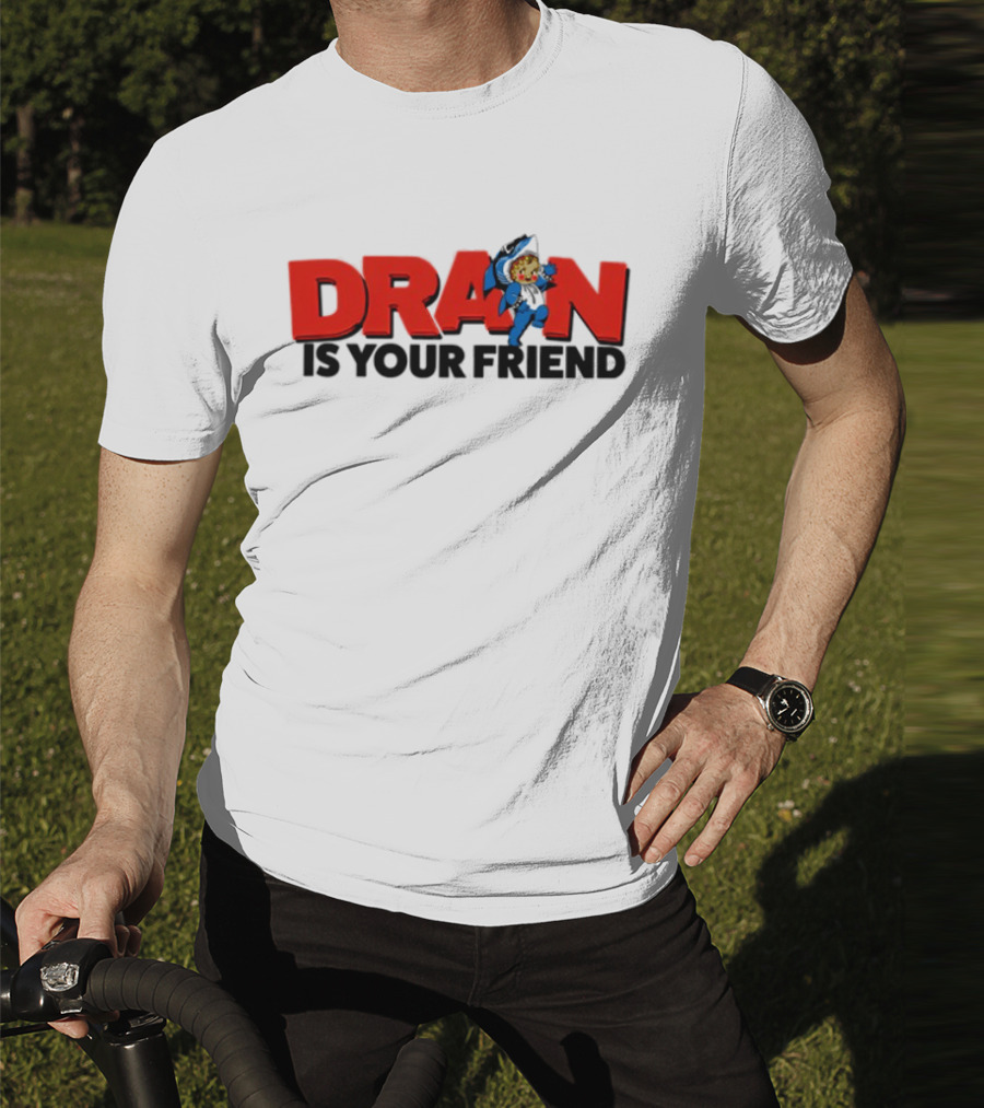 Drain Kewpie Friend In Red Block Letters With Cartoon Character T-Shirt