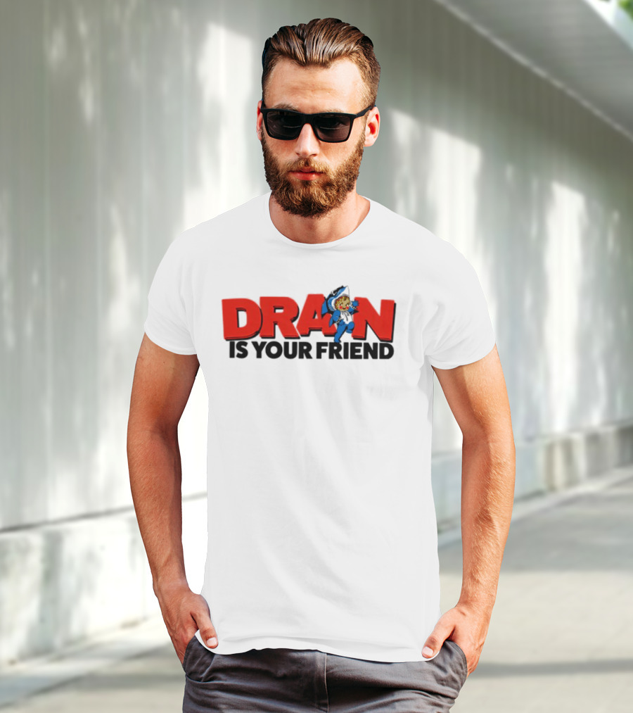 Drain Kewpie Friend In Red Block Letters With Cartoon Character T-Shirt