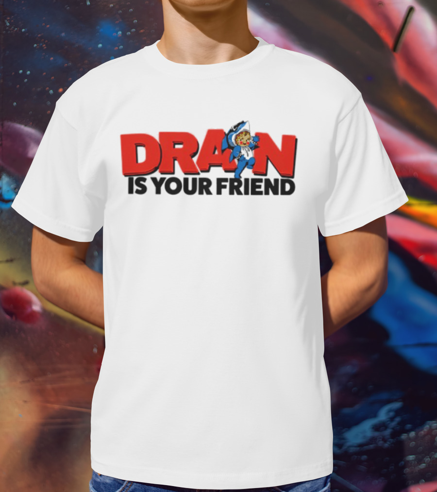Drain Kewpie Friend In Red Block Letters With Cartoon Character T-Shirt