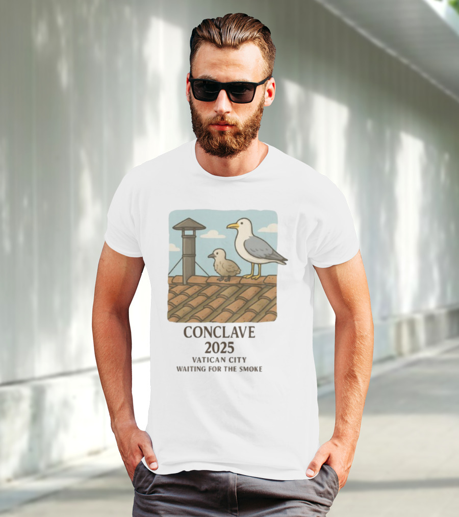 Conclave 2025 Vatican City Awaiting Papal Smoke Signal Seagulls On Roof T-Shirt