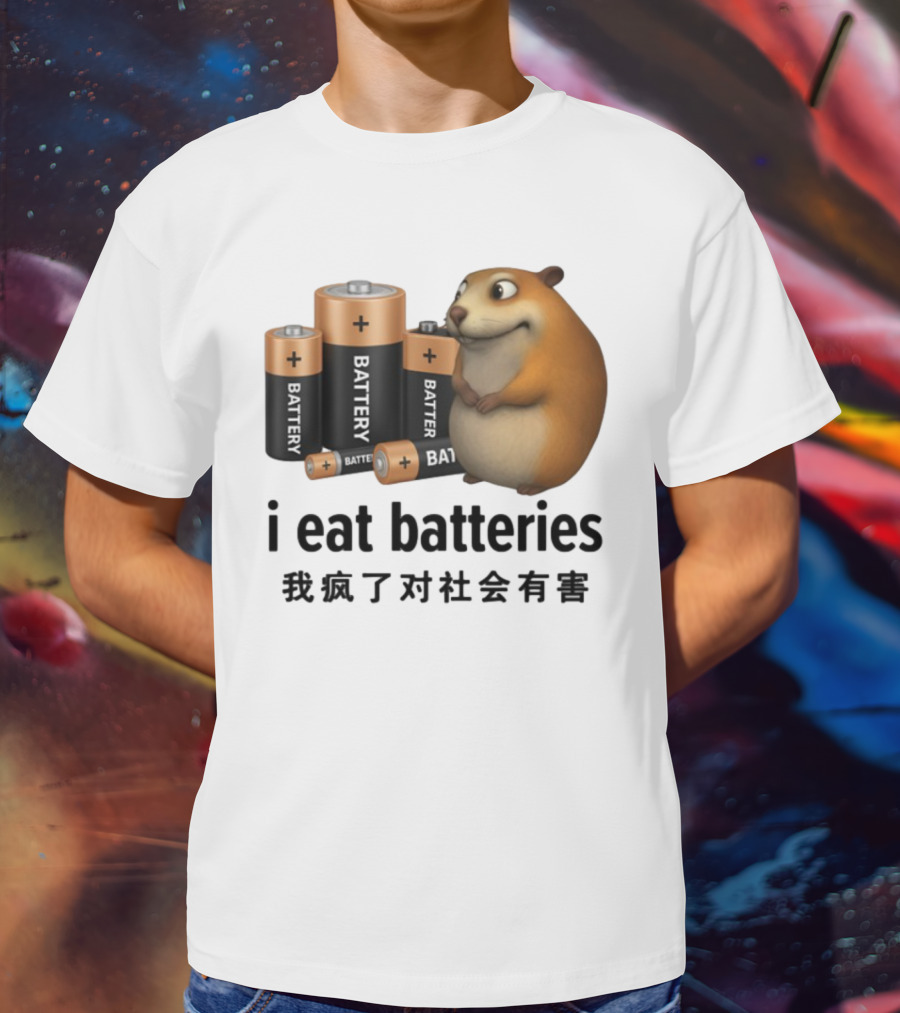 I Eat Batteries Funny Cartoon Hamster Chinese Text T-Shirt