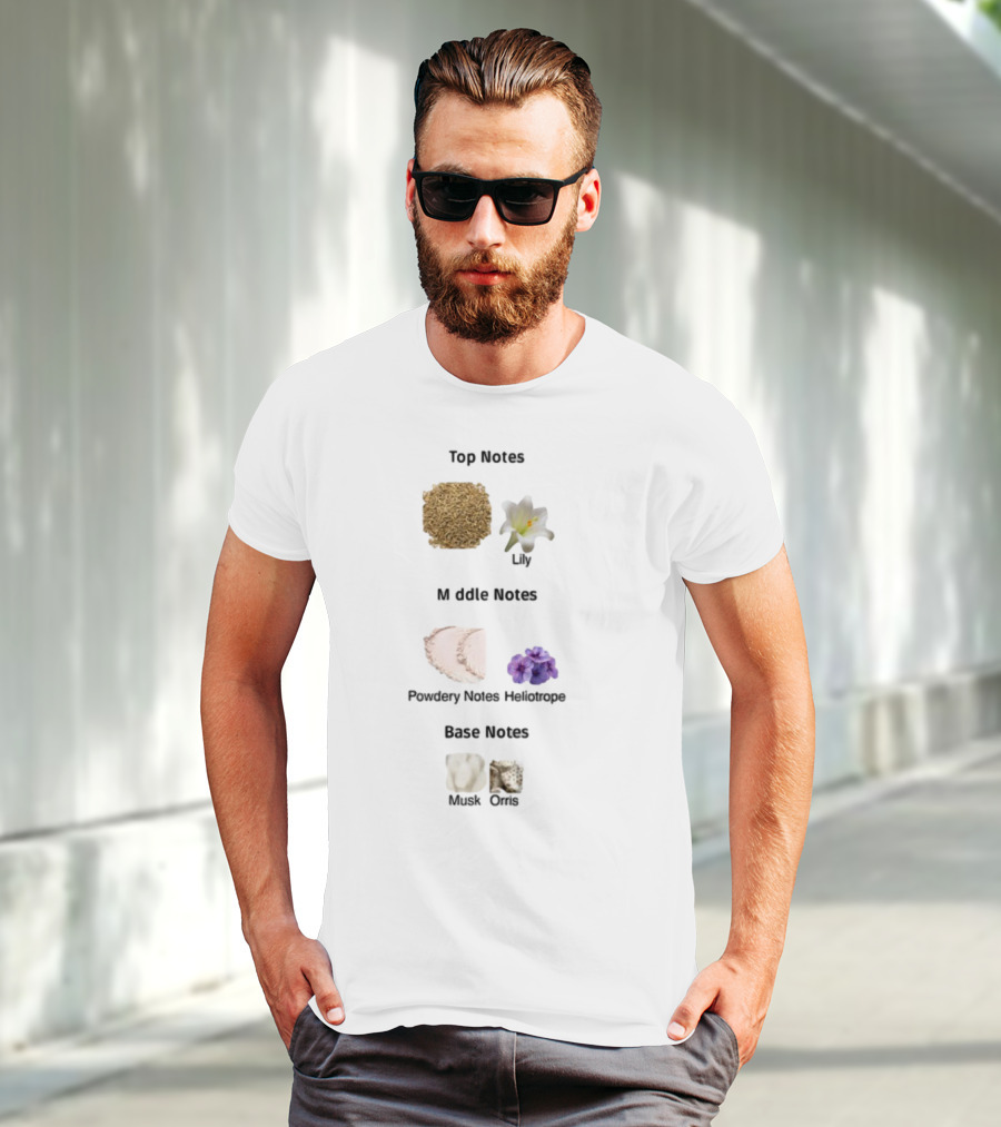 Top Notes Cumin Lily Middle Notes Powdery Heliotrope Base Notes Musk Orris T-Shirt