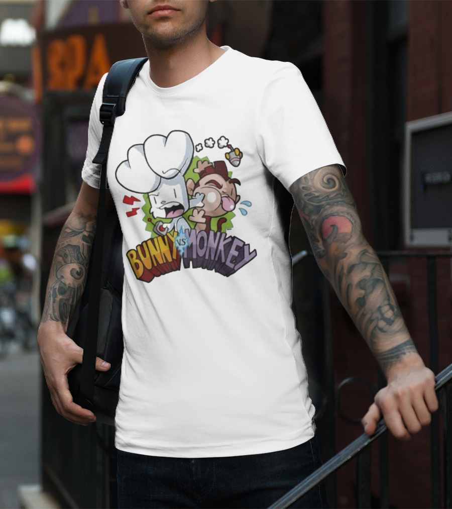 Bunny Vs Monkey Cartoon Rivalry Comic Style T-Shirt