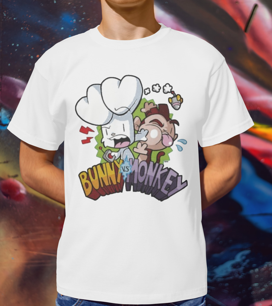 Bunny Vs Monkey Cartoon Rivalry Comic Style T-Shirt