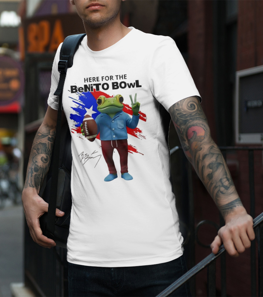 Bad Bunny Here For The Benito Bowl Super Bowl Frogs Puerto Rico Flag Football Peace Sign Signature T-Shirt