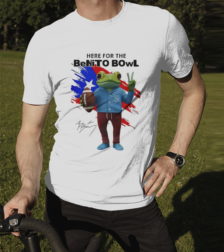 Bad Bunny Here For The Benito Bowl Super Bowl Frogs Puerto Rico Flag Football Peace Sign Signature T-Shirt