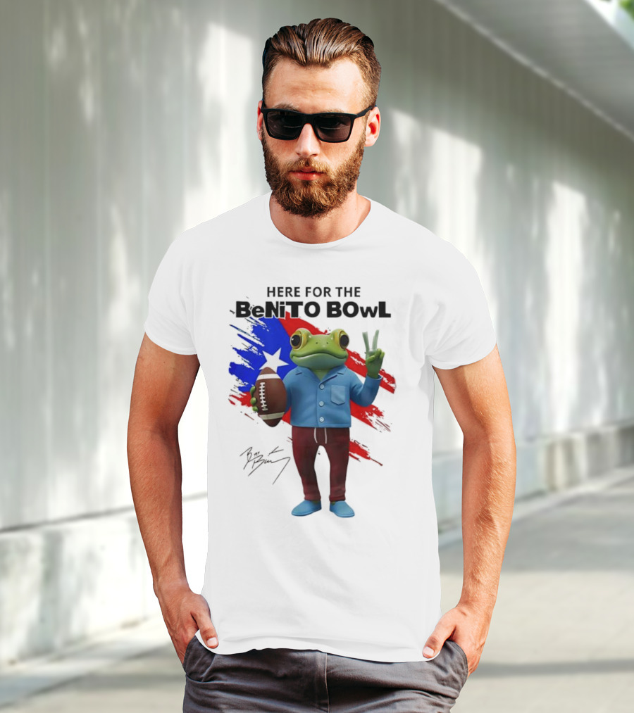 Bad Bunny Here For The Benito Bowl Super Bowl Frogs Puerto Rico Flag Football Peace Sign Signature T-Shirt