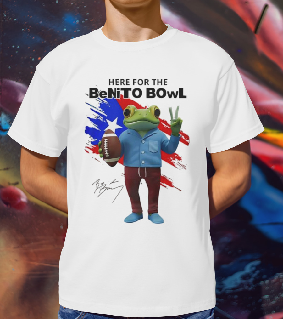 Bad Bunny Here For The Benito Bowl Super Bowl Frogs Puerto Rico Flag Football Peace Sign Signature T-Shirt