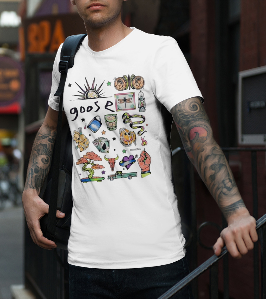 Goose Psychedelic Sunrise And Nature Symbols With Playing Cards Art T-Shirt