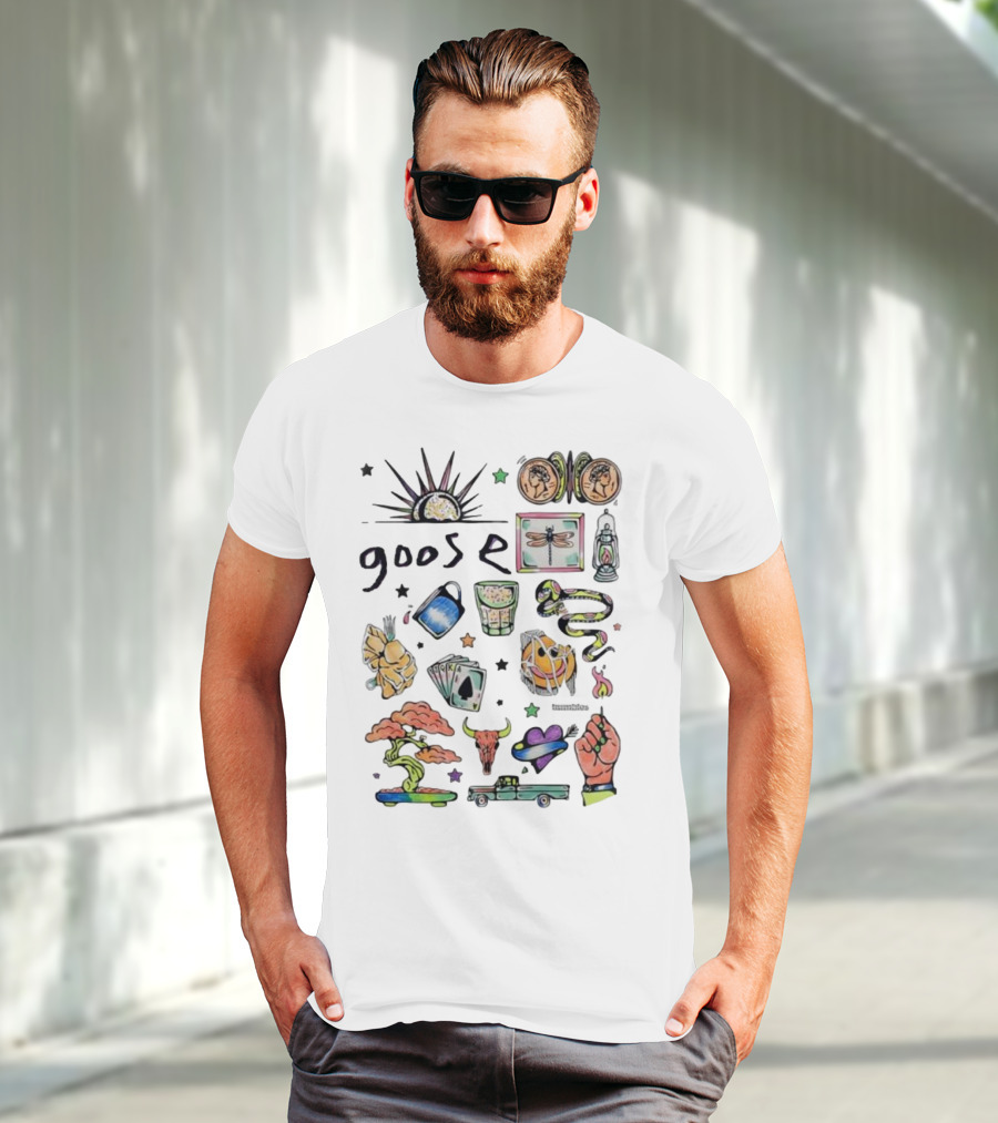 Goose Psychedelic Sunrise And Nature Symbols With Playing Cards Art T-Shirt