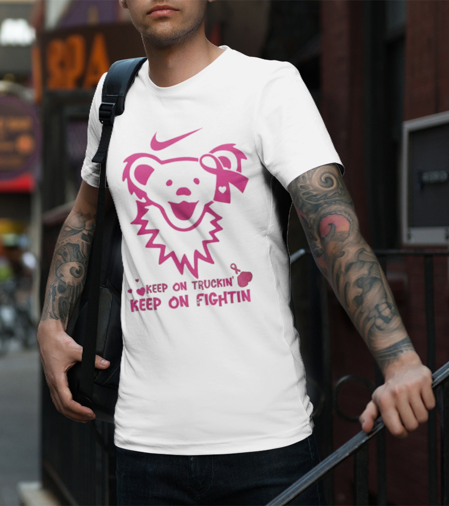 Nike Grateful Dead Bear Keep On Truckin' Keep On Fightin' Breast Cancer Awareness T-Shirt