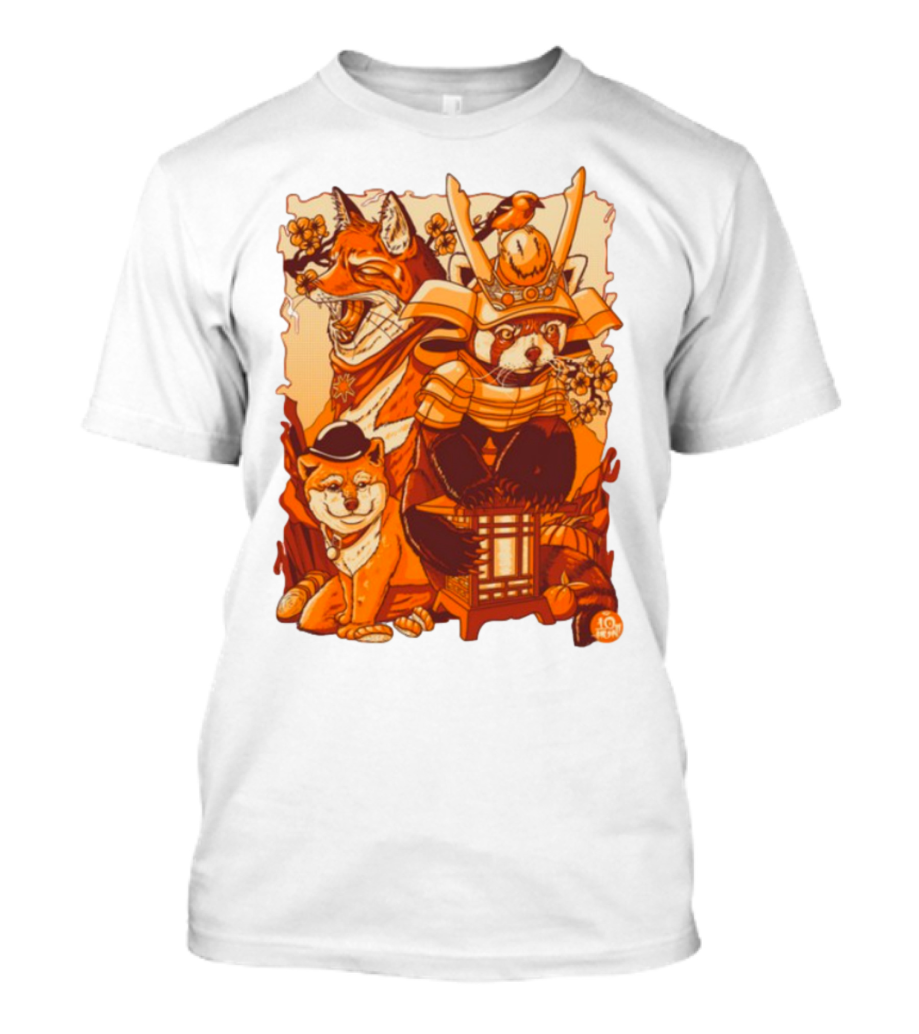 Tenhun Orange Fuzz Samurai Animal Scene T-Shirt