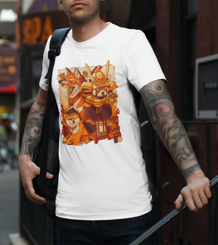 Tenhun Orange Fuzz Samurai Animal Scene T-Shirt