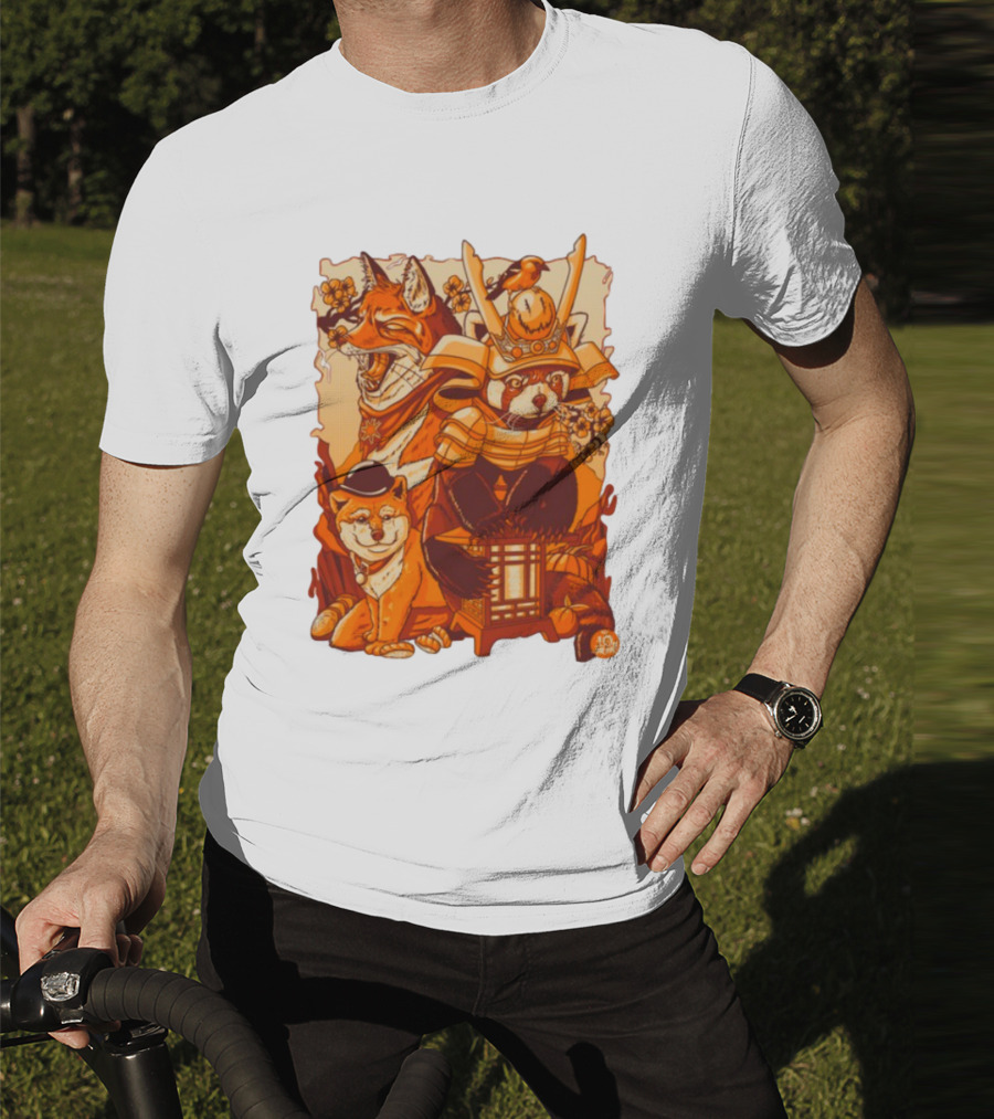 Tenhun Orange Fuzz Samurai Animal Scene T-Shirt
