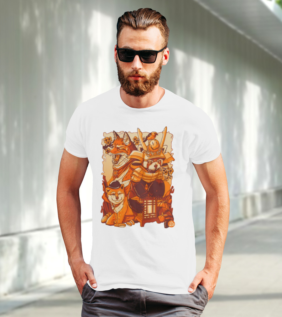 Tenhun Orange Fuzz Samurai Animal Scene T-Shirt