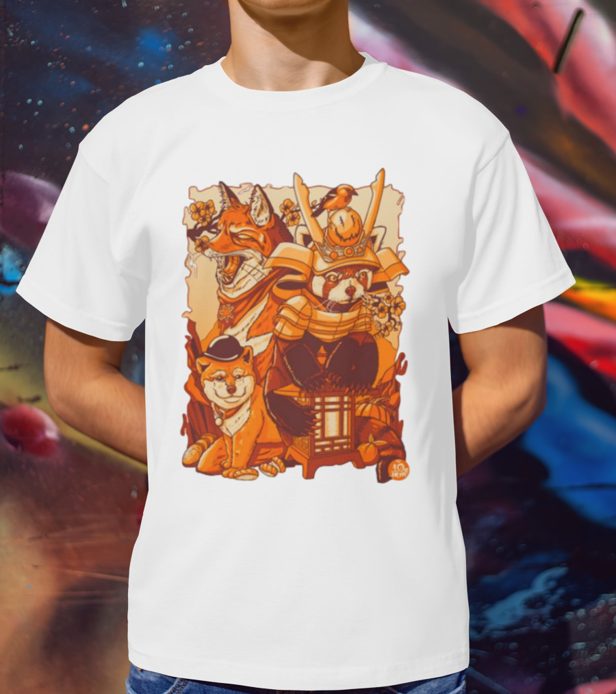 Tenhun Orange Fuzz Samurai Animal Scene T-Shirt