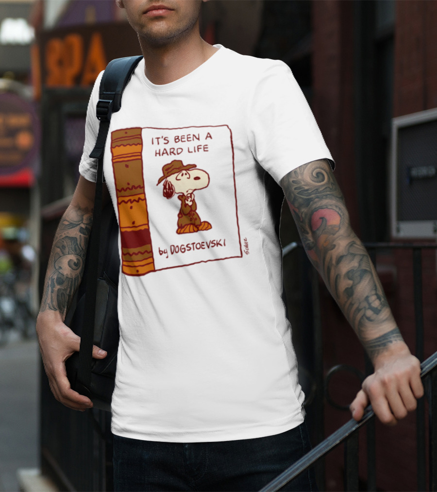 IT'S BEEN A HARD LIFE By DOGSTOEVSKI Snoopy Trench Coat Peanuts Style T-Shirt