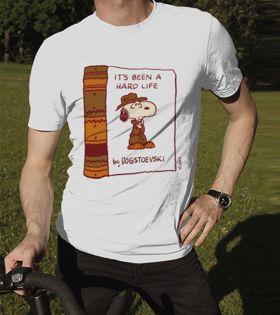 IT'S BEEN A HARD LIFE By DOGSTOEVSKI Snoopy Trench Coat Peanuts Style T-Shirt