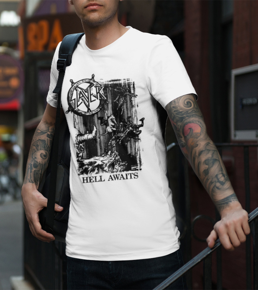 Monochrome Slayer Hell Awaits Acid Iconic Band Art T-Shirt