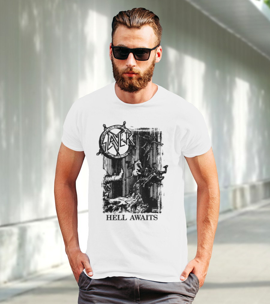 Monochrome Slayer Hell Awaits Acid Iconic Band Art T-Shirt