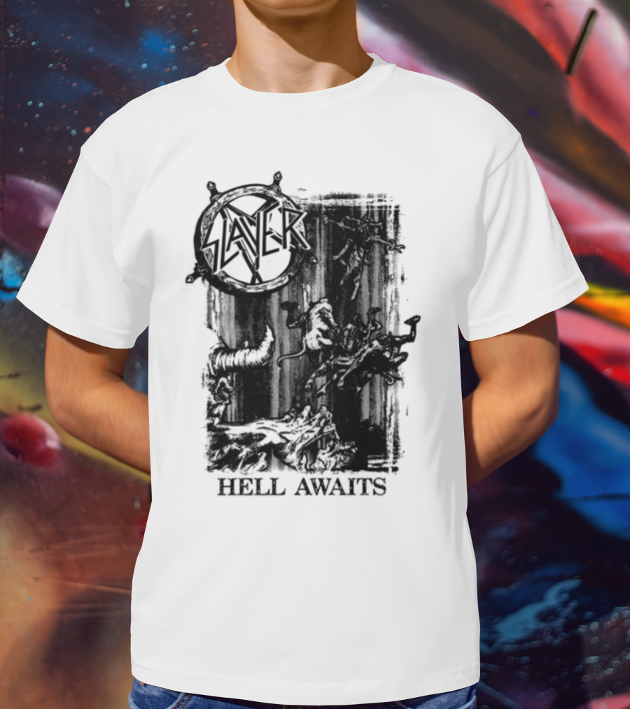 Monochrome Slayer Hell Awaits Acid Iconic Band Art T-Shirt