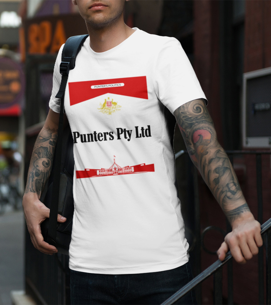 Punter's Lobbyist Uniform Australia's Parliament House Silhouette Red And Gold Emblem T-Shirt