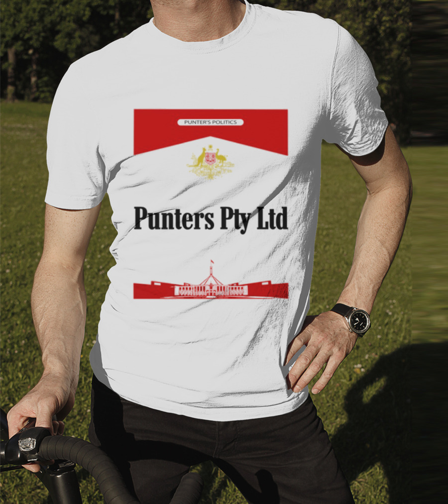 Punter's Lobbyist Uniform Australia's Parliament House Silhouette Red And Gold Emblem T-Shirt