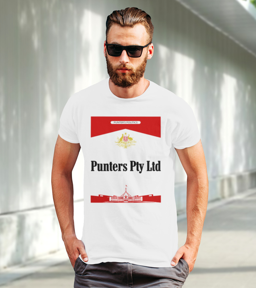 Punter's Lobbyist Uniform Australia's Parliament House Silhouette Red And Gold Emblem T-Shirt