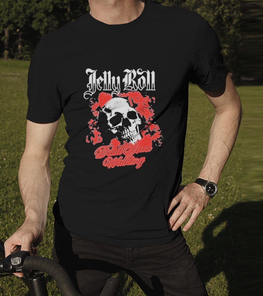 Jelly Roll Dead Man Walking Black Floral Skull Roses T-Shirt