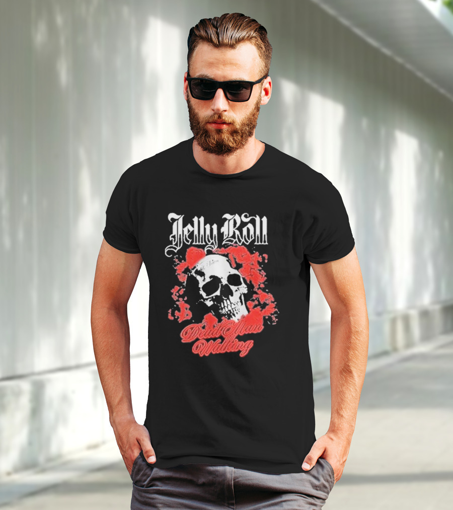Jelly Roll Dead Man Walking Black Floral Skull Roses T-Shirt
