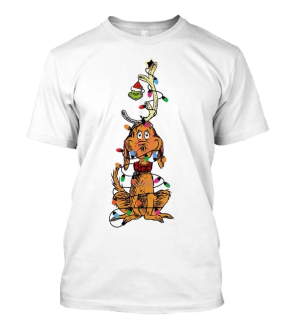 Funny Grinch Christmas Lights With Dog Wrapped In Colorful String Of Lights T-Shirt