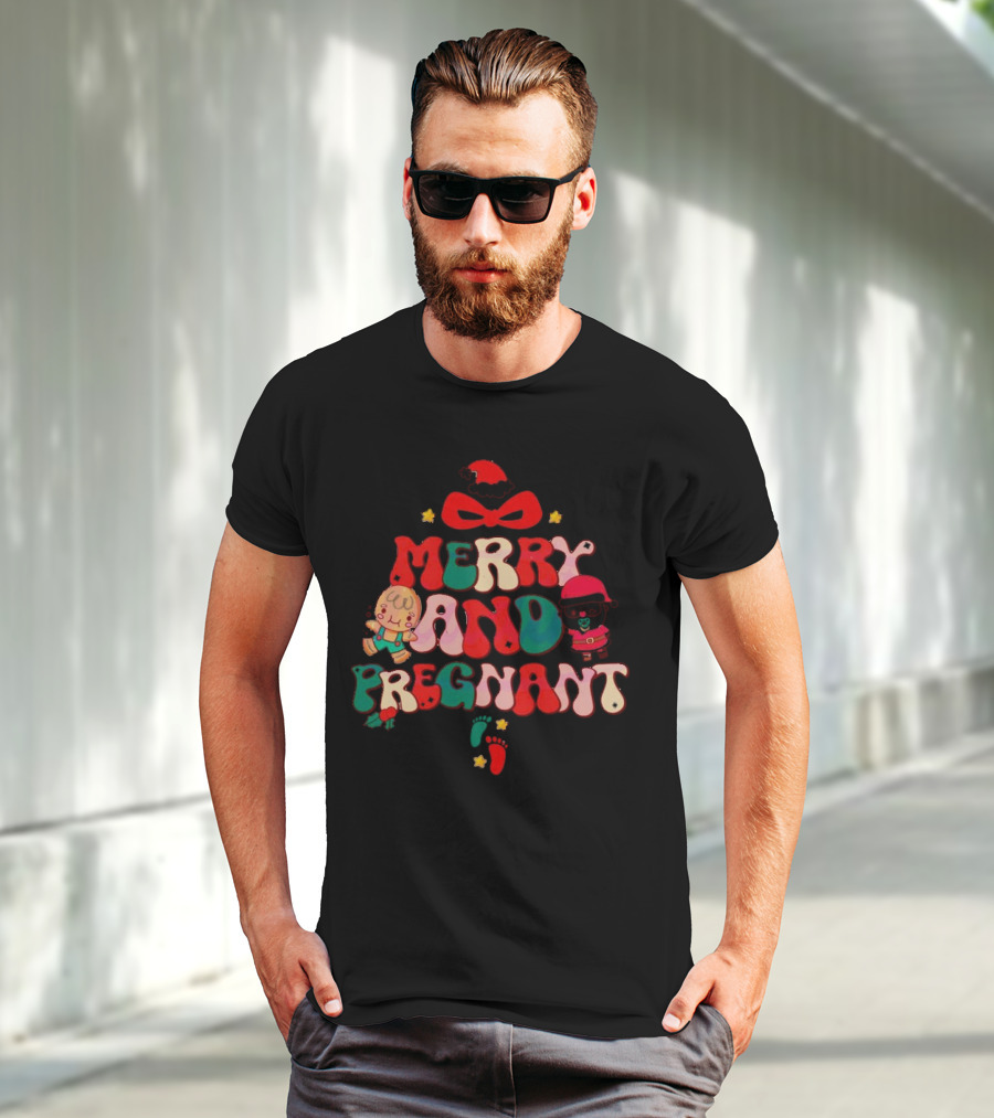 Merry And Pregnant Christmas Tree Baby Reveal With Santa Hat And Gingerbread People T-Shirt