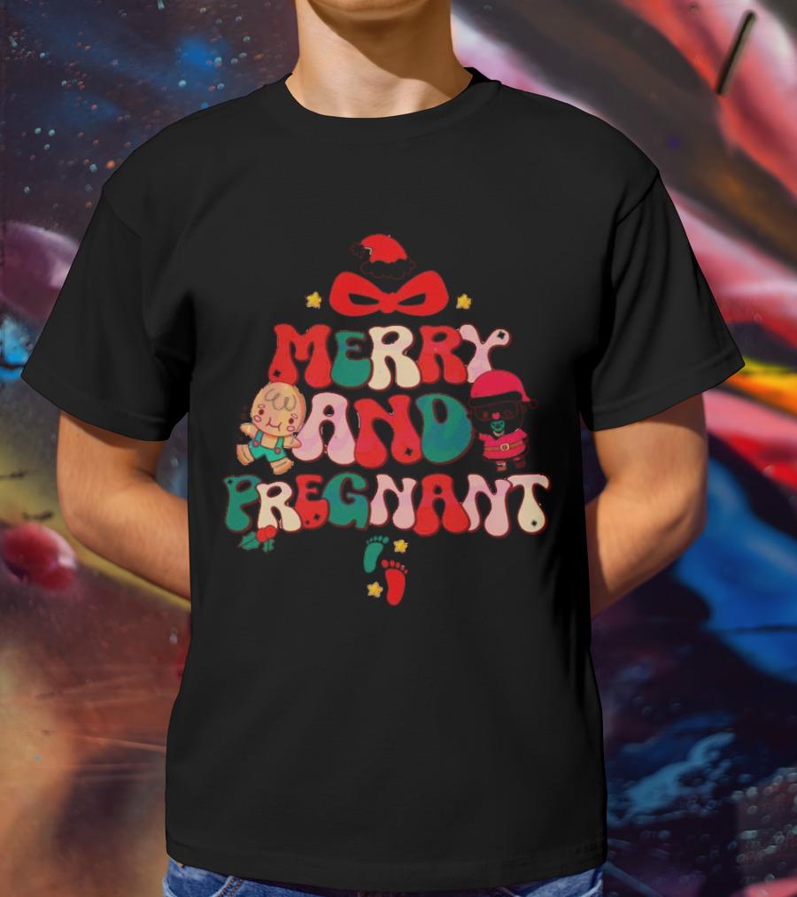 Merry And Pregnant Christmas Tree Baby Reveal With Santa Hat And Gingerbread People T-Shirt