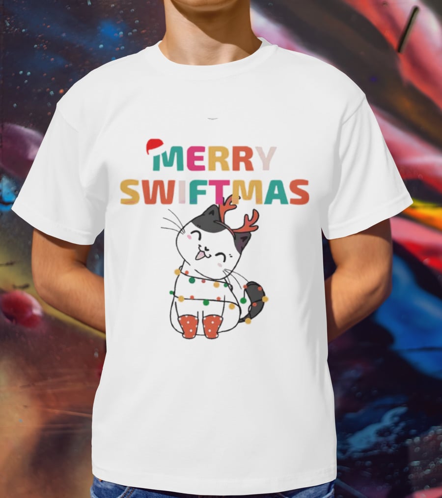 Merry Swiftmas Christmas Cat With Reindeer Antlers And Festive Lights T-Shirt