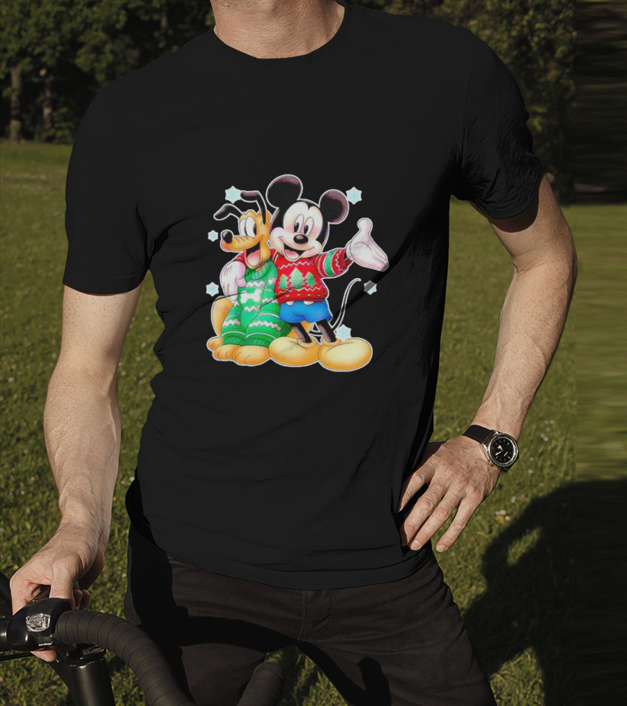 Mickey And Pluto Christmas Sweater Holiday Scene T-Shirt