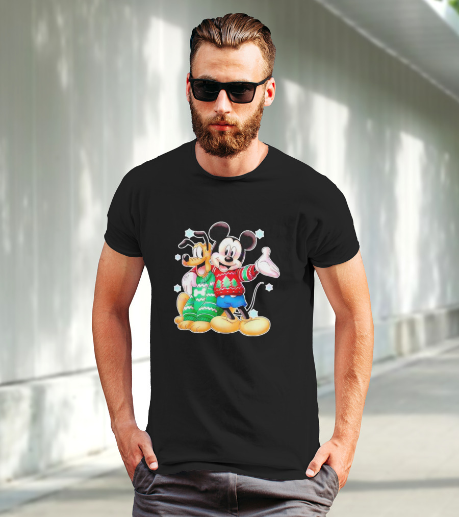 Mickey And Pluto Christmas Sweater Holiday Scene T-Shirt