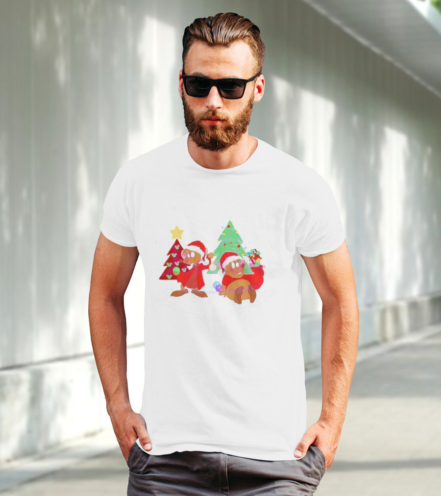 Santa Jaq And Gus With Christmas Lights And Presents By Christmas Tree T-Shirt