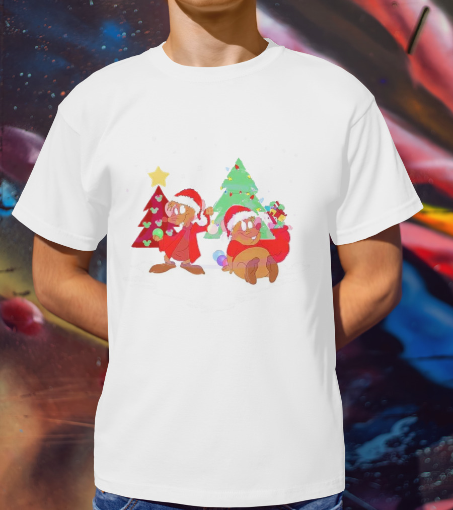 Santa Jaq And Gus With Christmas Lights And Presents By Christmas Tree T-Shirt