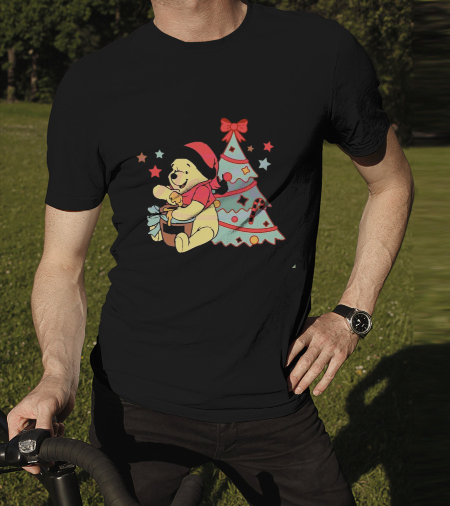 Winni The Pooh Bear Christmas Hunny Jar And Festive Tree T-Shirt