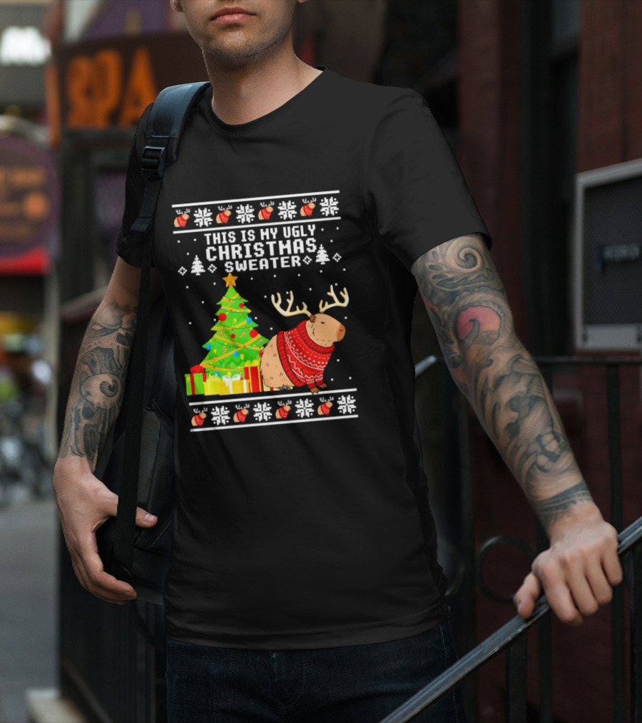 This Is My Ugly Christmas Sweater Capybara Reindeer T-Shirt