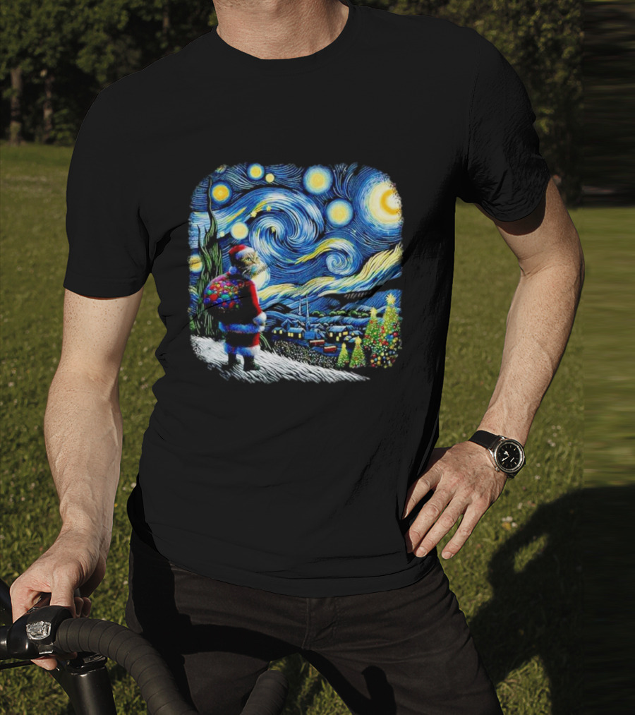Cat Santa Paws Van Gogh Starry Night Christmas Holiday Scene T-Shirt