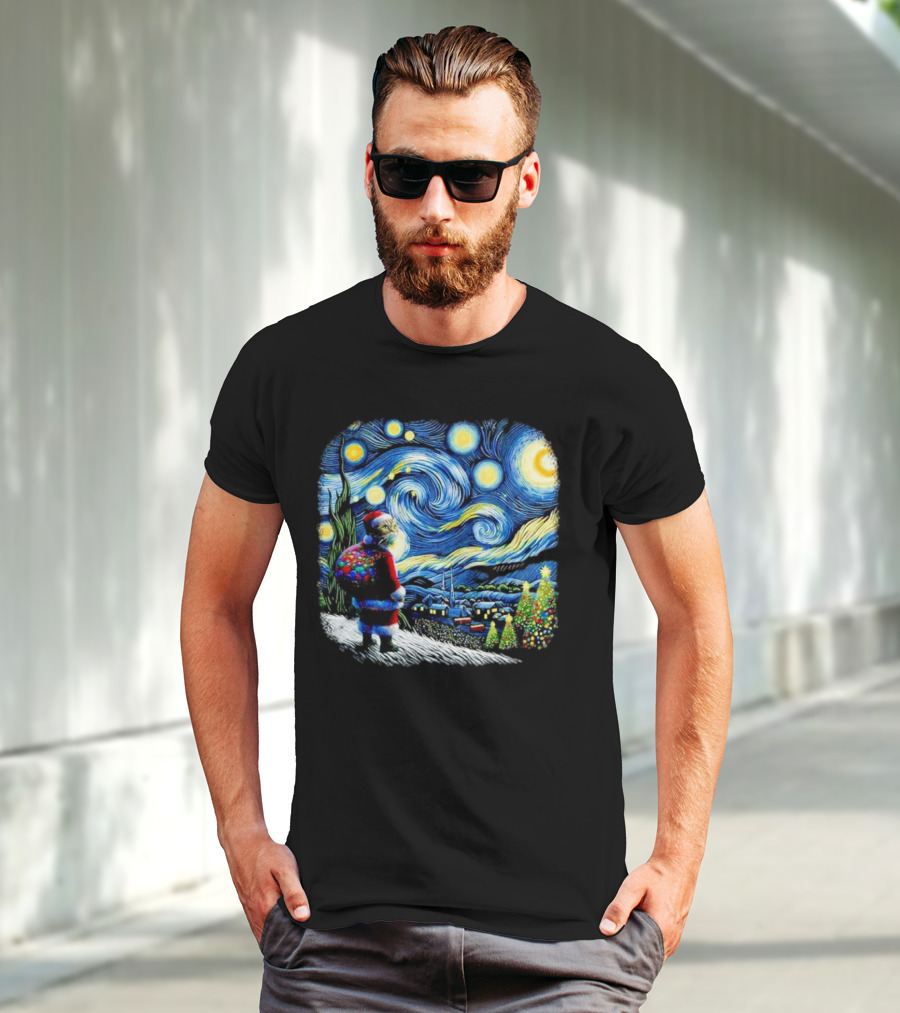 Cat Santa Paws Van Gogh Starry Night Christmas Holiday Scene T-Shirt