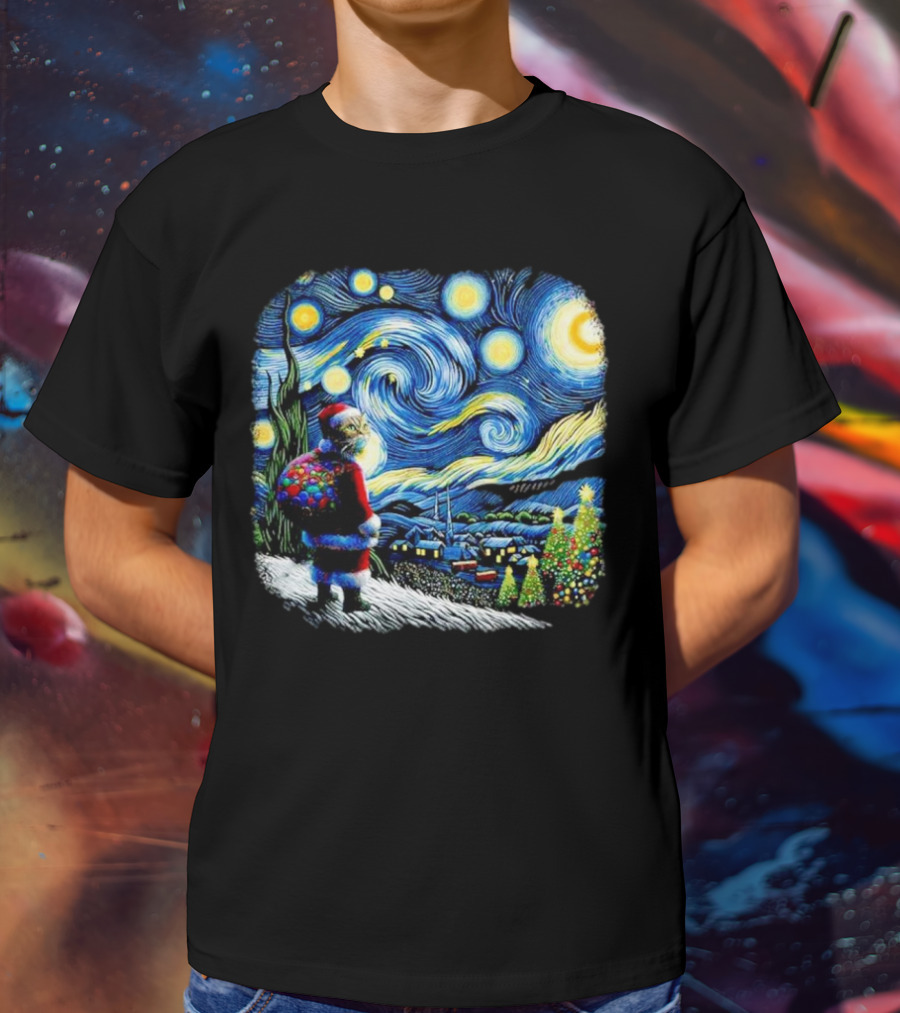 Cat Santa Paws Van Gogh Starry Night Christmas Holiday Scene T-Shirt