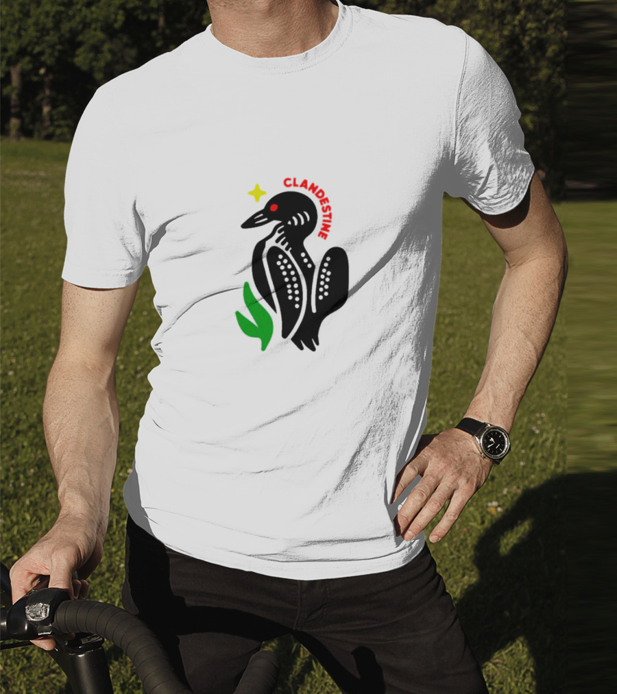 Clandestine Loon Bird With Star And Green Leaf Elements T-Shirt