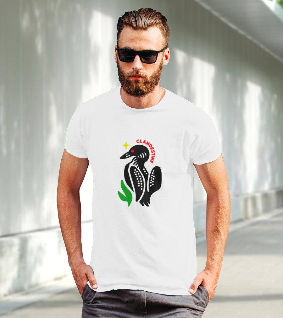 Clandestine Loon Bird With Star And Green Leaf Elements T-Shirt